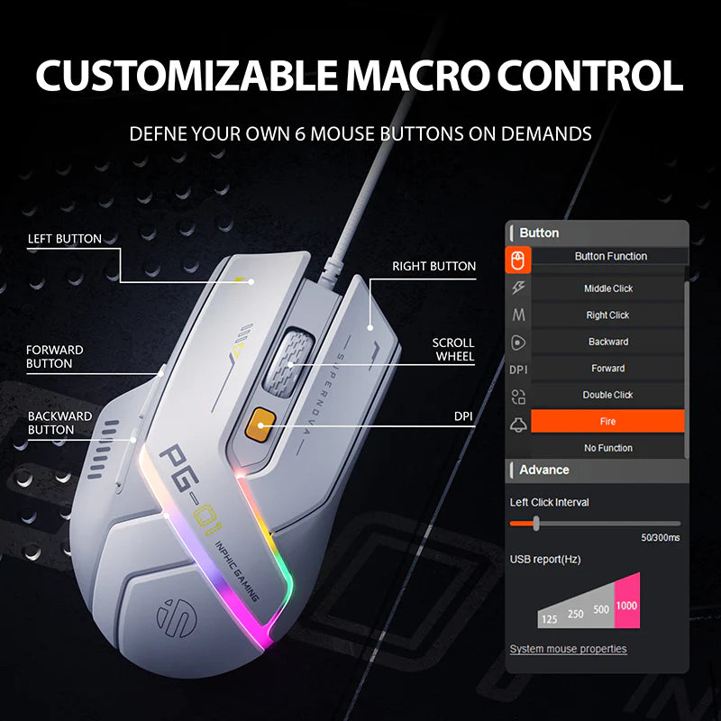 INPHIC PG1 Wired RGB Gaming Mouse (White)