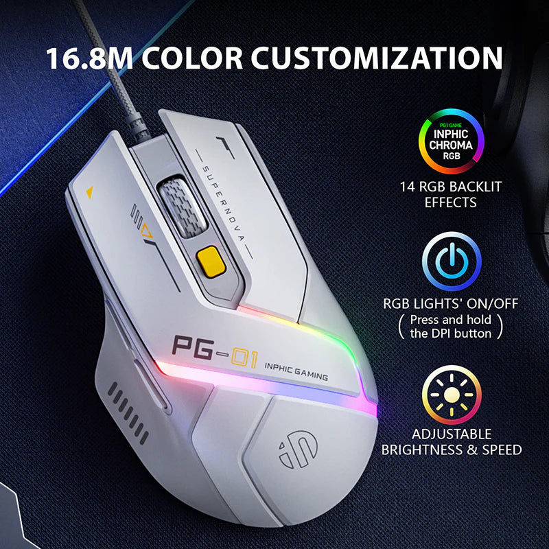 INPHIC PG1 Wired RGB Gaming Mouse (White)